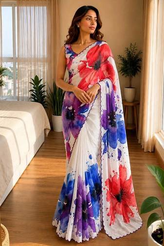 multicolor silk blend floral print ready to wear saree