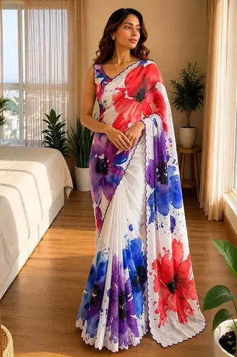 multicolor silk blend floral print ready to wear saree