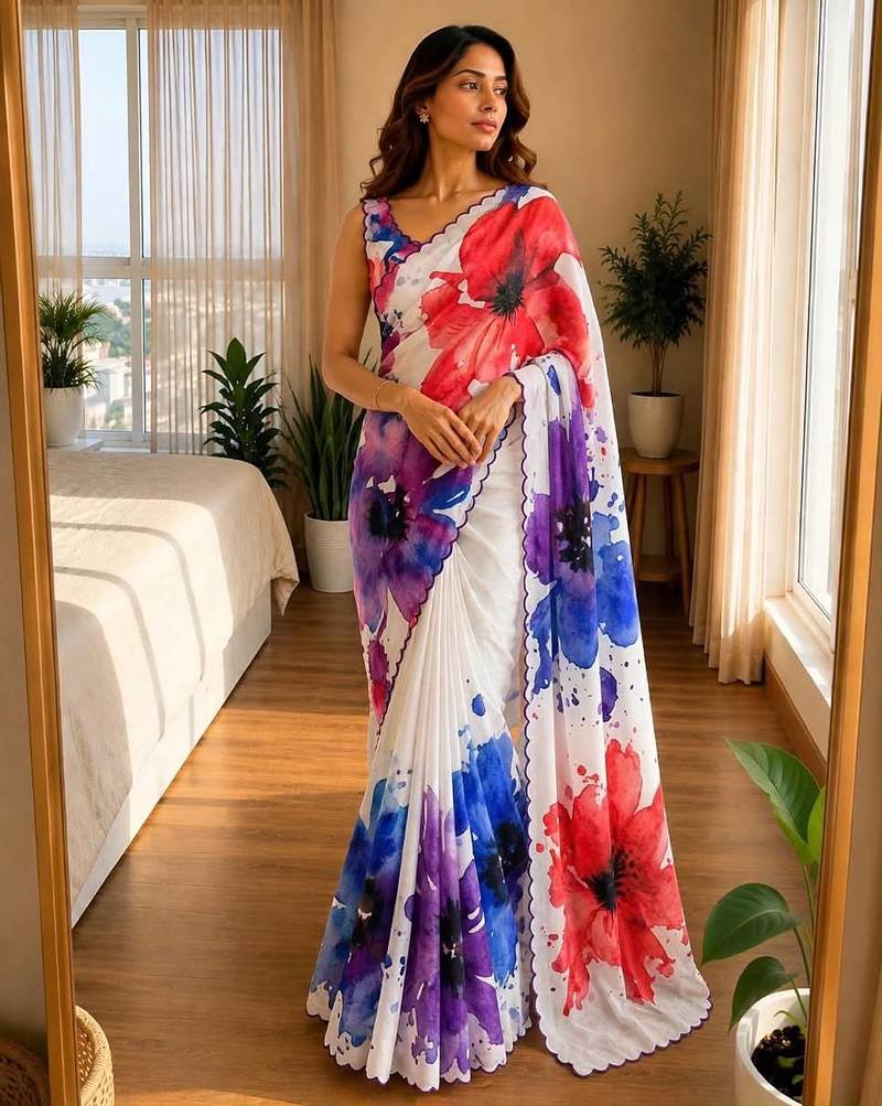 multicolor silk blend floral print ready to wear saree