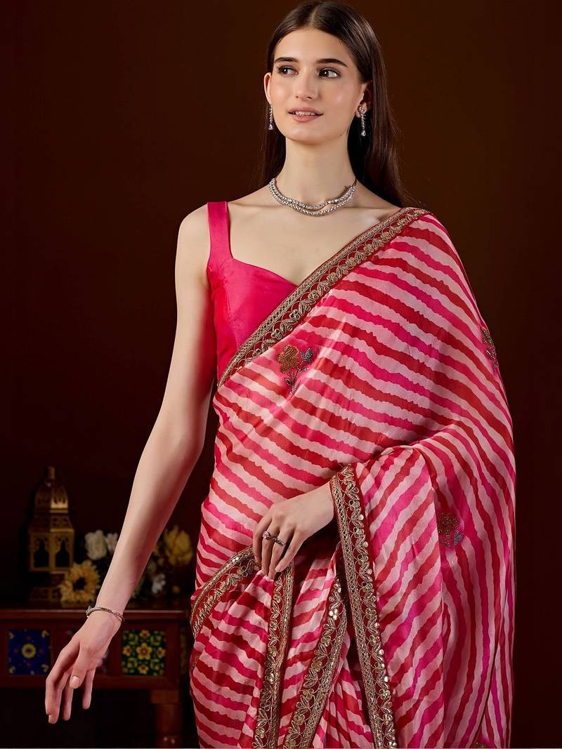 Pink leheriya printed saree