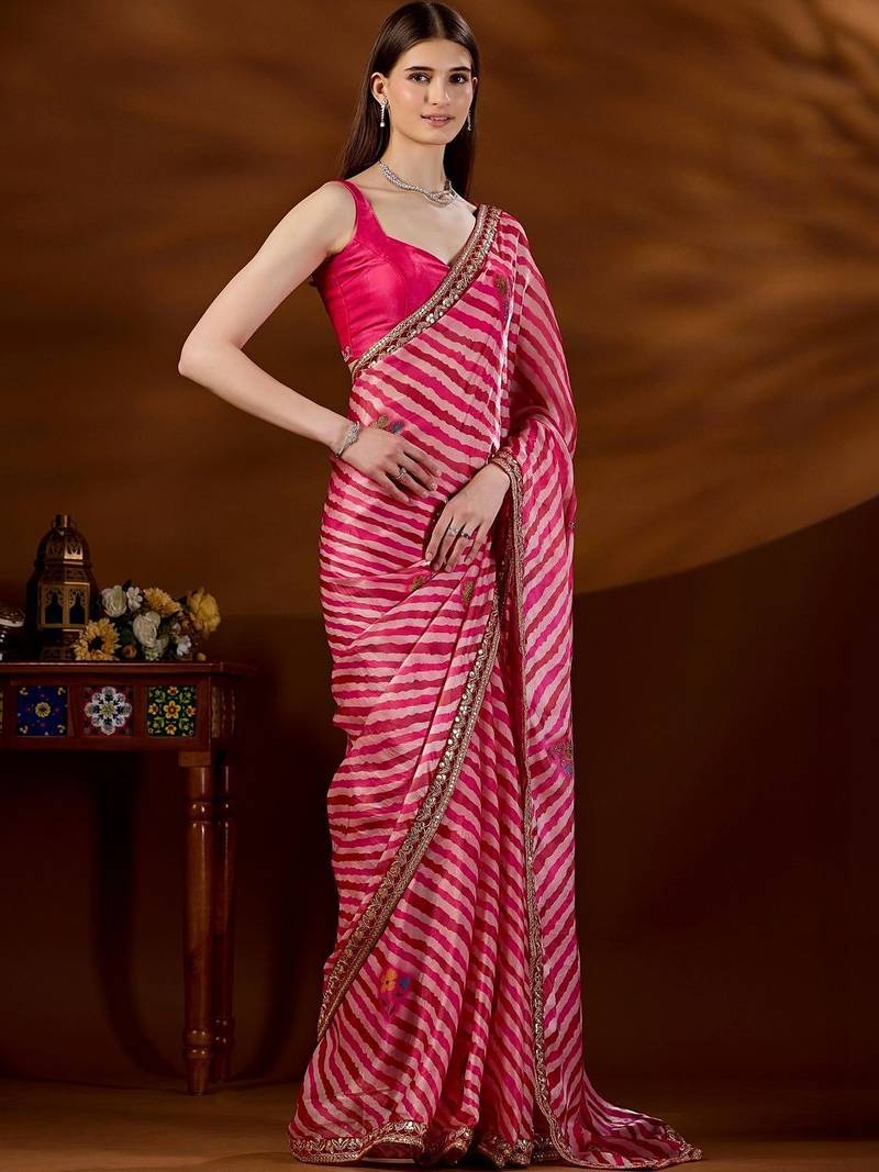 Pink leheriya printed saree