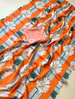 orange silk blend floral print ready to wear saree 2