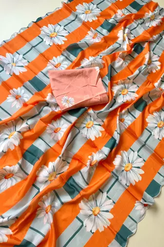 orange silk blend floral print ready to wear saree