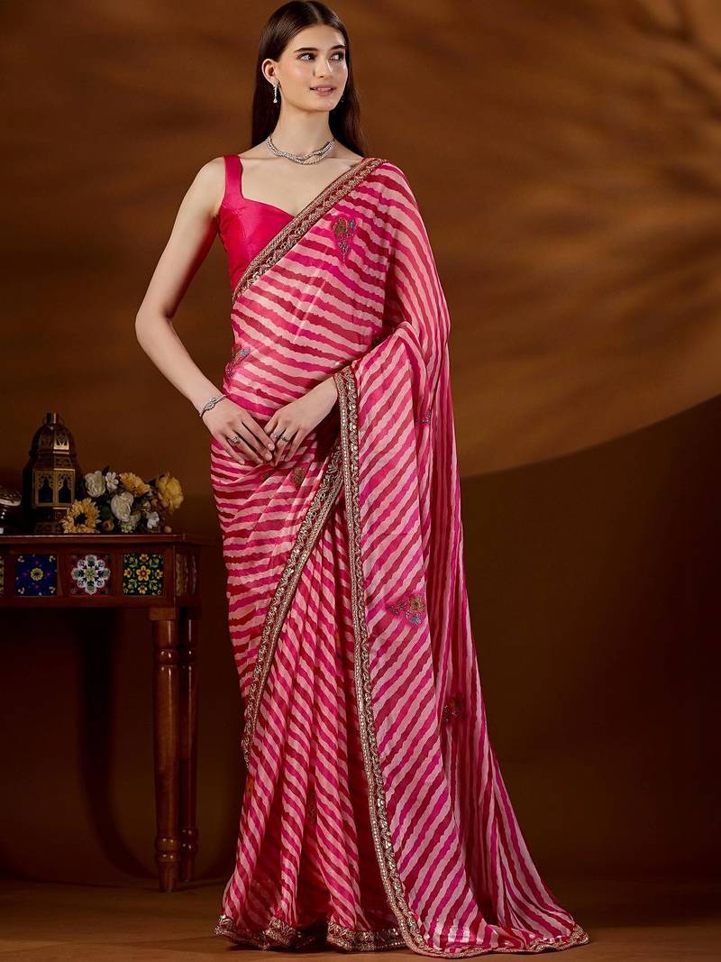 Pink leheriya printed saree