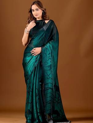 Green beads and stones organza designer saree 1