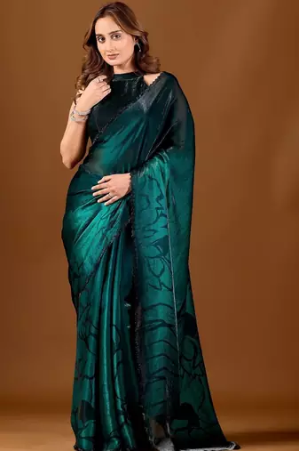 Green beads and stones organza designer saree