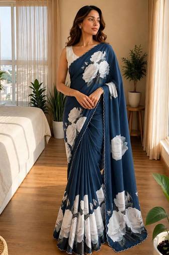 blue silk blend floral print ready to wear saree