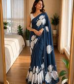 blue silk blend floral print ready to wear saree