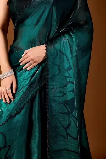 Green beads and stones organza designer saree