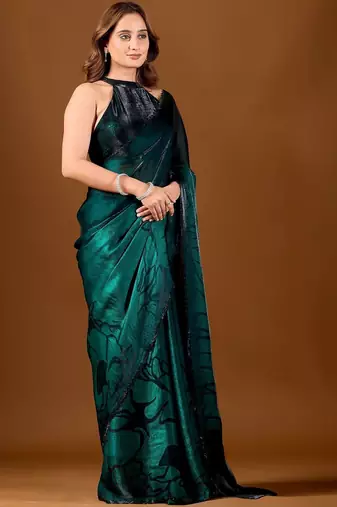 Green beads and stones organza designer saree