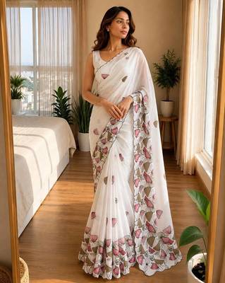 white silk blend floral print ready to wear saree 1