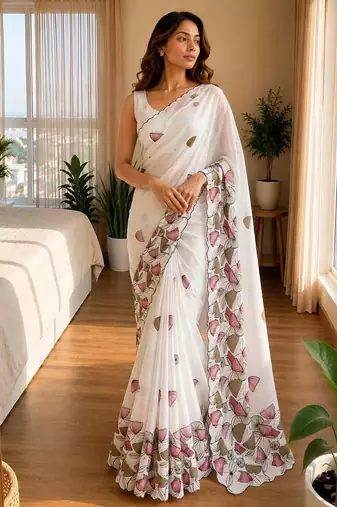 white silk blend floral print ready to wear saree