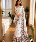 white silk blend floral print ready to wear saree