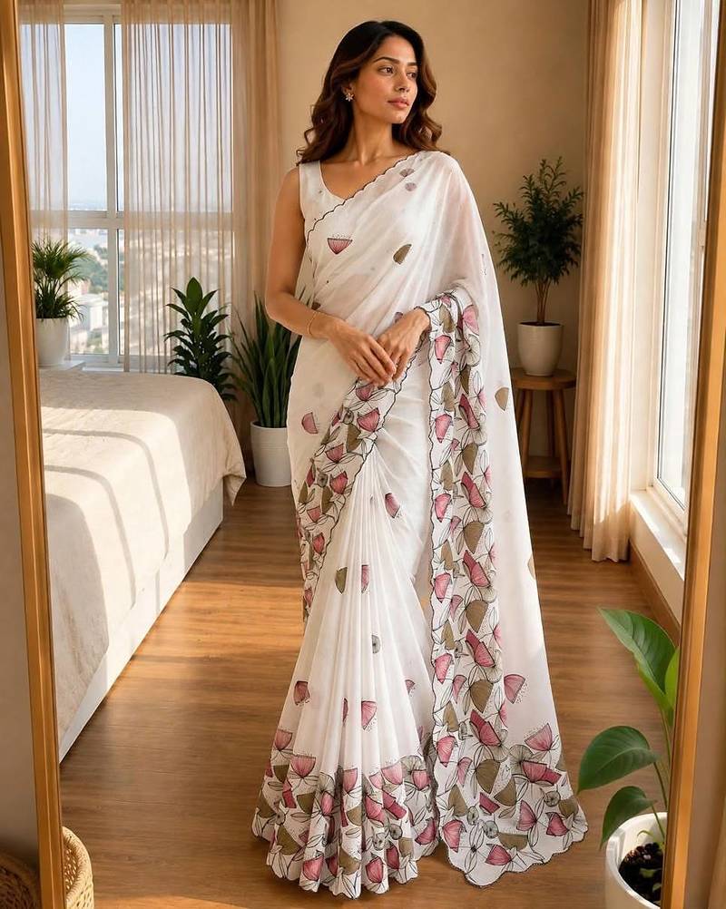 white silk blend floral print ready to wear saree