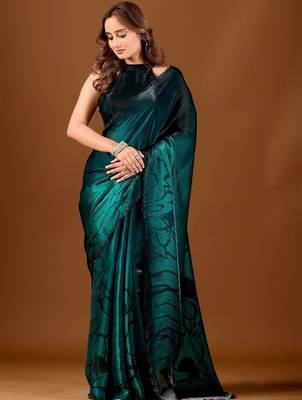Green beads and stones organza designer saree 5