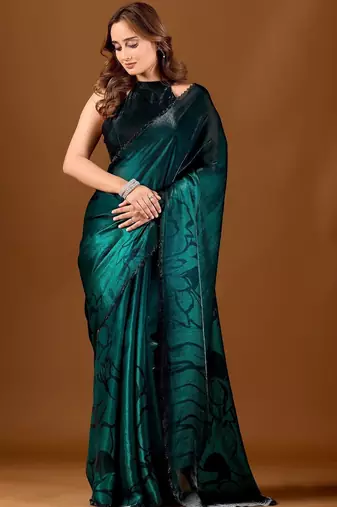 Green beads and stones organza designer saree