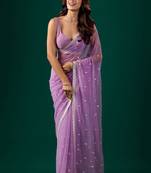 Lavender woven design embroidered  chiffon saree