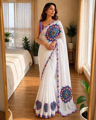 white silk blend floral print ready to wear saree 1