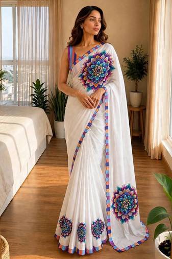 white silk blend floral print ready to wear saree