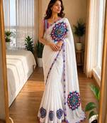 white silk blend floral print ready to wear saree