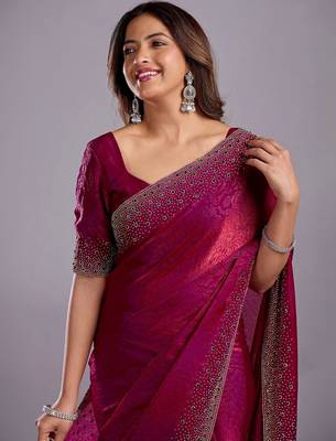 Burgundy woven design beads and stones organza heavy work saree 1