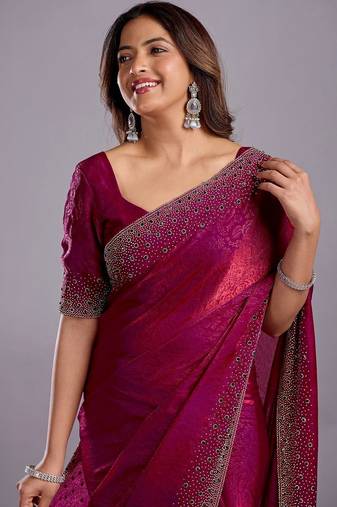 Burgundy woven design beads and stones organza heavy work saree