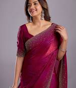 Burgundy woven design beads and stones organza heavy work saree
