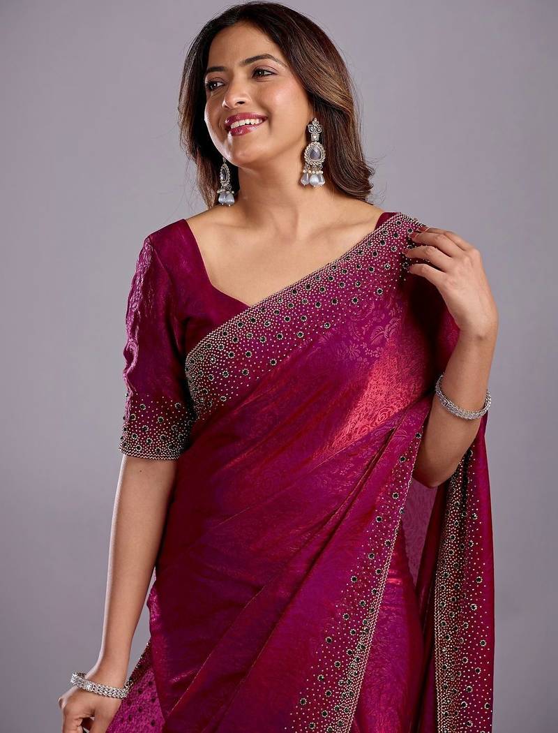 Burgundy woven design beads and stones organza heavy work saree