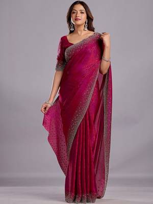 Burgundy woven design beads and stones organza heavy work saree 2