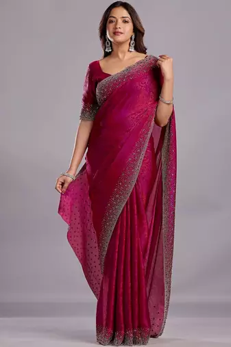 Burgundy woven design beads and stones organza heavy work saree