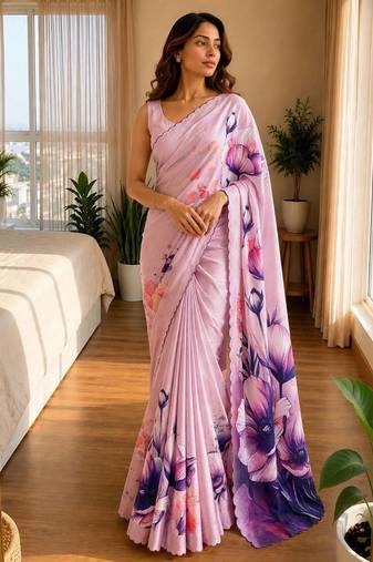 light-pink silk blend floral print ready to wear saree