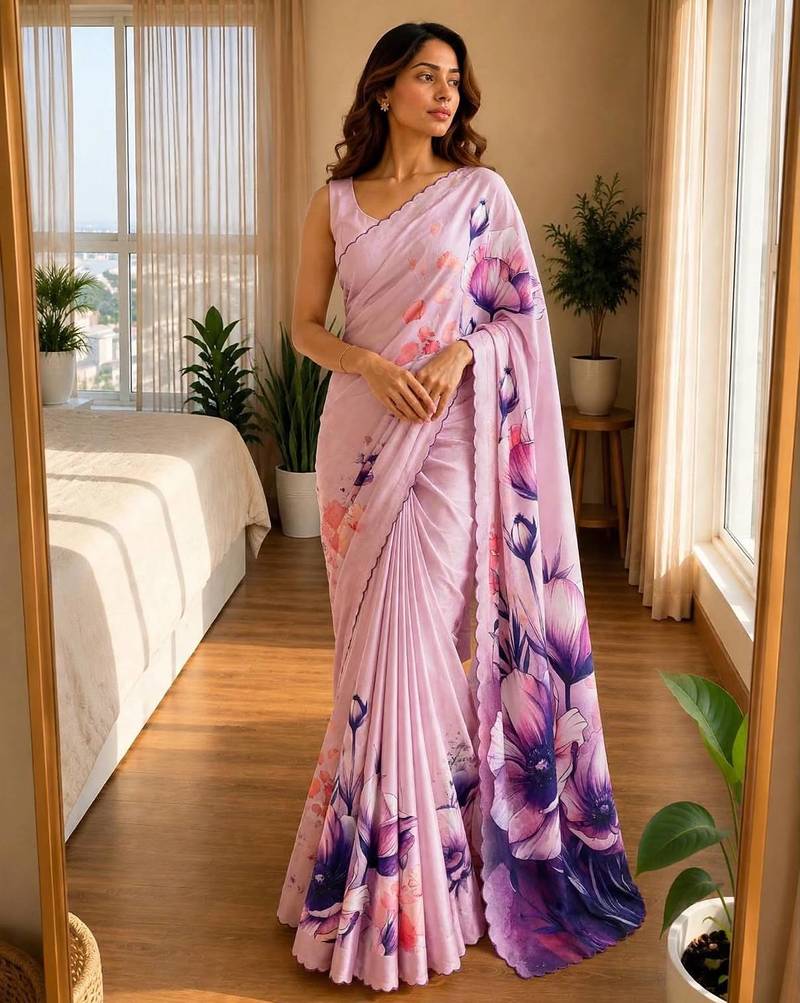 light-pink silk blend floral print ready to wear saree