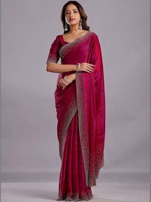 Burgundy woven design beads and stones organza heavy work saree 3