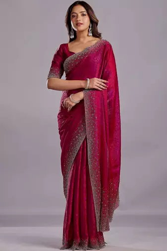 Burgundy woven design beads and stones organza heavy work saree