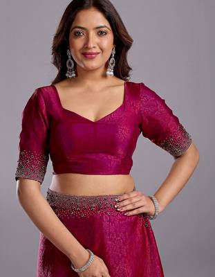 Burgundy woven design beads and stones organza heavy work saree 4