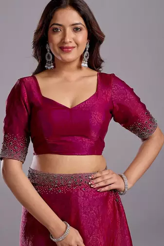 Burgundy woven design beads and stones organza heavy work saree