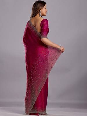 Burgundy woven design beads and stones organza heavy work saree 5