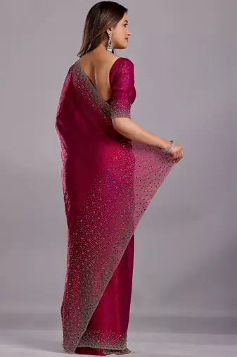 Burgundy woven design beads and stones organza heavy work saree