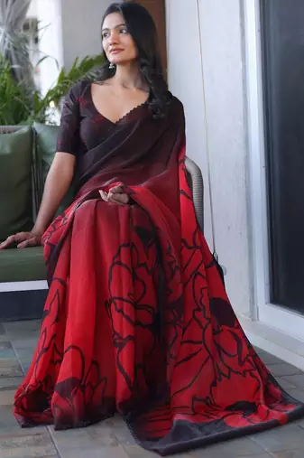 Red floral sequinned silk cotton saree