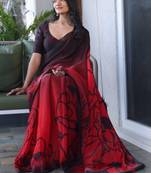 Red floral sequinned silk cotton saree