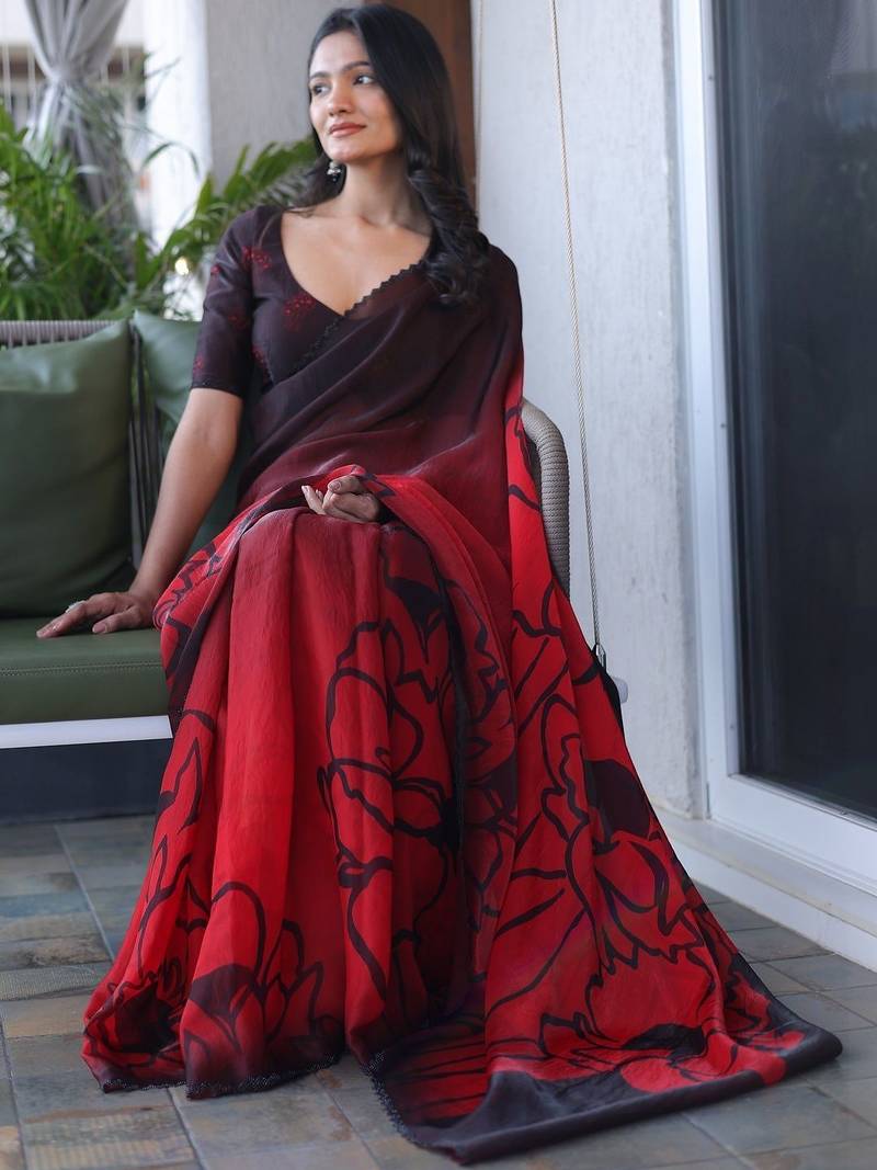 Red floral sequinned silk cotton saree