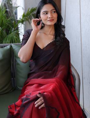 Red floral sequinned silk cotton saree 2