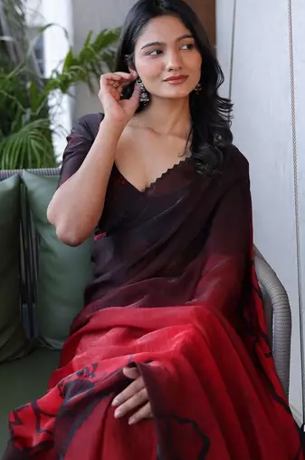 Red floral sequinned silk cotton saree