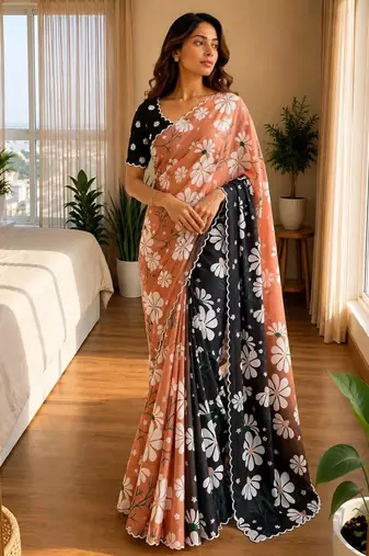 peach silk blend floral print ready to wear saree
