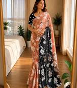 peach silk blend floral print ready to wear saree
