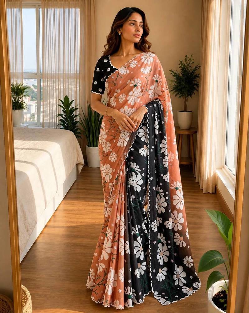 peach silk blend floral print ready to wear saree