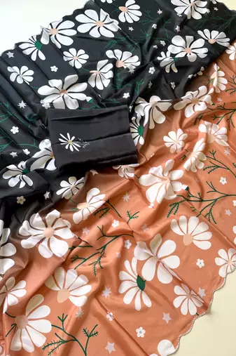 peach silk blend floral print ready to wear saree