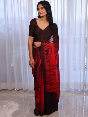 Red floral sequinned silk cotton saree 4