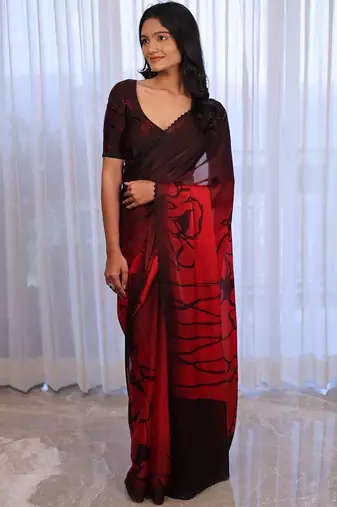 Red floral sequinned silk cotton saree