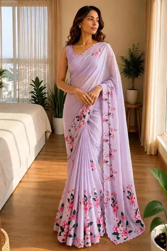 baby-pink silk blend floral print ready to wear saree